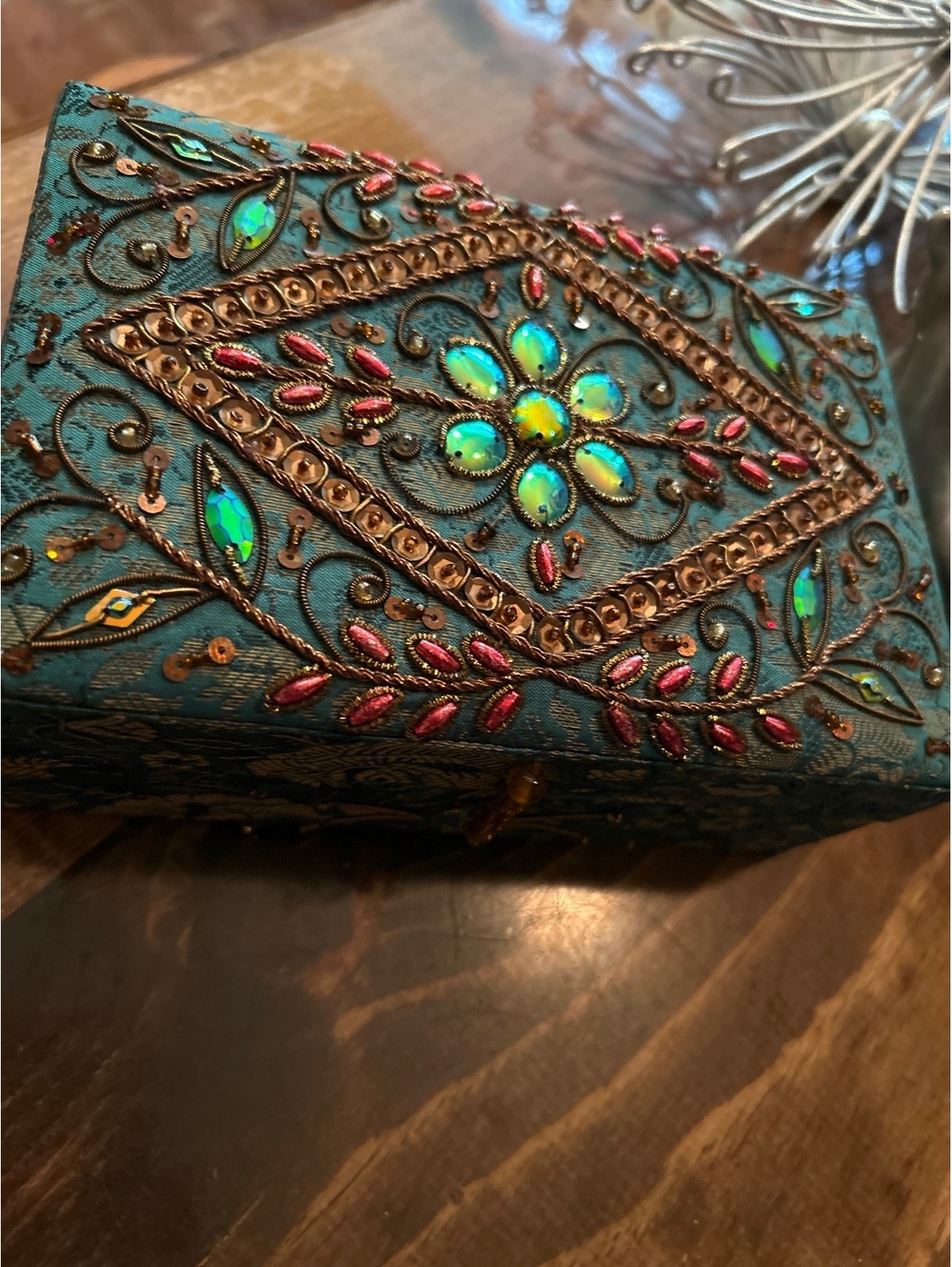 Decorative Embroidered Jewelry Box with Mirror and Compartments